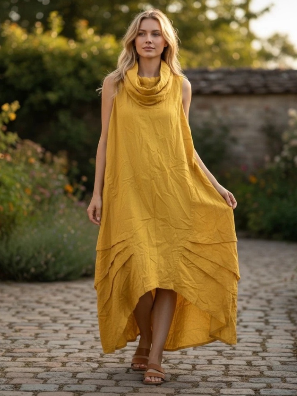 For Cynthia Women’s Linen Sleeveless Cowl Neck Midi Dress Sz S Lagenlook Cocoon - Picture 10 of 10